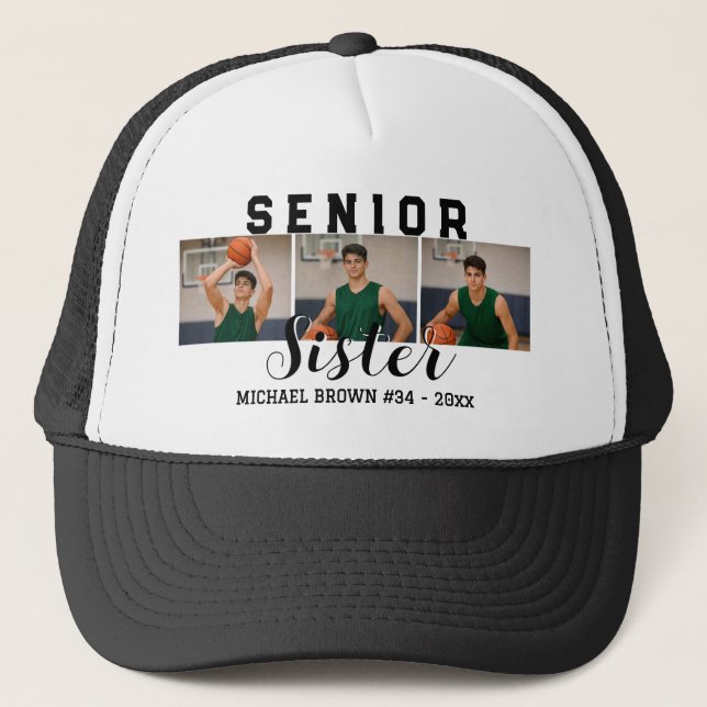 Senior Sister Custom 3 Photo Collage Basketball Trucker Hat (Front)