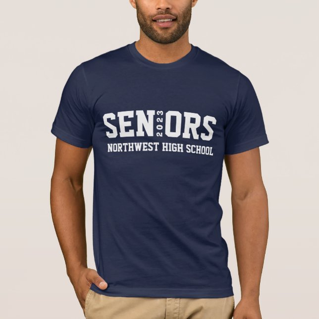 Seniors Navy Blue Graduation-Year and School Name T-Shirt (Front)