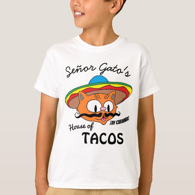 Señor Gato's House of Tacos Mexican Cartoon Cat T-Shirt (Front)
