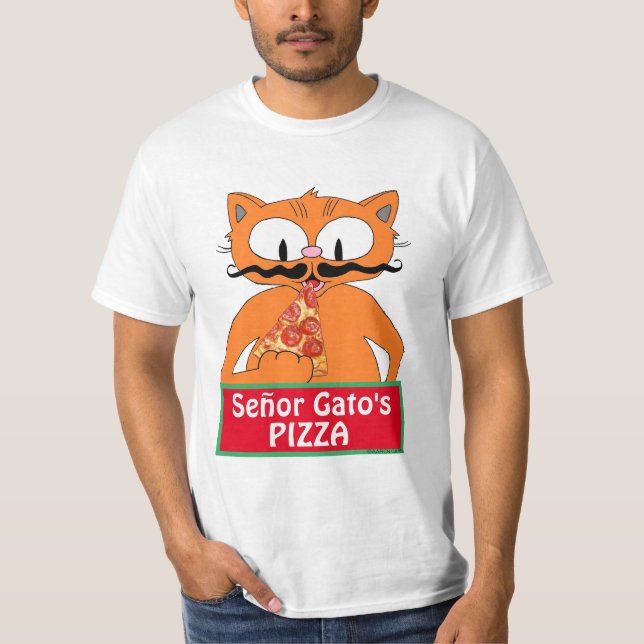 Señor Gato's Pizza Cartoon Moustache Cat Funny T-Shirt (Front)