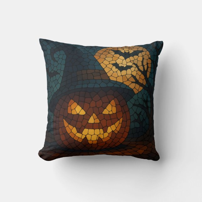 Sensational Mosaic Pumpkin Halloween Cushion (Front)