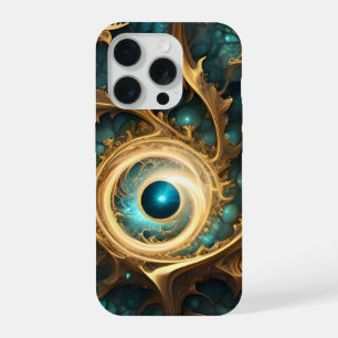 Sense Of Sight Teal And Gold Fractal Abstract Art, iPhone 15 Pro Case