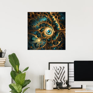 Sense Of Sight Teal And Gold Fractal Abstract Art, Poster
