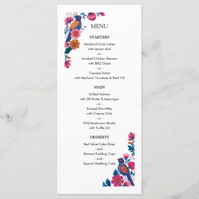 Sensuous Folk Birds and Flowers Wedding Pattern Menu (Front)