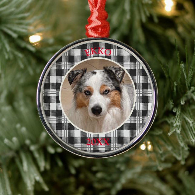 Sentimental Dog Portrait Buffalo Plaid Design Metal Tree Decoration (Tree)