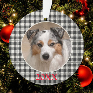 Sentimental Pet Photo Dark Grey Buffalo Plaid Ornament