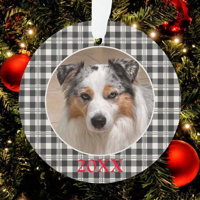 Sentimental Pet Photo Dark Grey Buffalo Plaid Ornament (Buffalo Plaid Dark Gray and Buttercream Ornament)