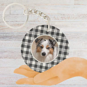 Sentimental Pet Photo Dark Grey Plaid Art Key Ring