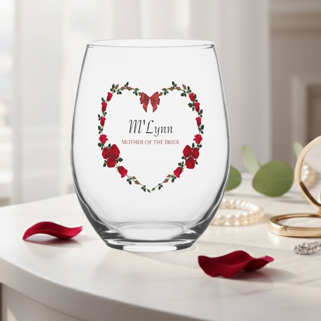 Sentimental Red Roses Mother of Bride Gift Stemless Wine Glass (A sentimental red rose wine glass thank-you gift for the Mother of the Bride.)