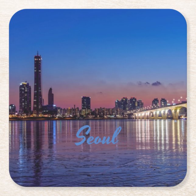 Seoul Capital of South Korea City Skyline Square Paper Coaster (Front)