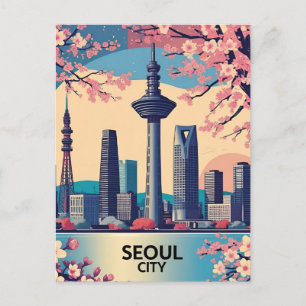  Seoul City  Modern Skyline Retro Art South Korea Postcard