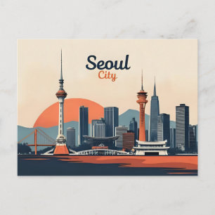 Seoul City Modern Skyline Retro Art South Korea Postcard