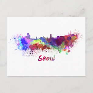 Seoul skyline in watercolor postcard