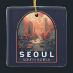 Seoul South Korea Illustration Art Vintage Badge Ceramic Ornament<br><div class="desc">Seoul illustration design with a manga art style. Seoul,  the capital of South Korea,  is a huge metropolis where modern skyscrapers,  high-tech subways and pop culture meet Buddhist temples,  palaces and street markets.</div>