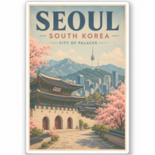 Seoul South Korea Illustration Travel Art Vintage