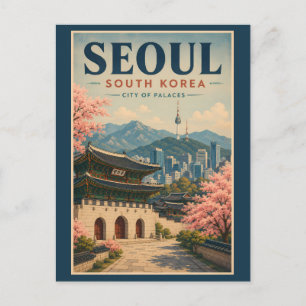 Seoul South Korea Illustration Travel Art Vintage Postcard