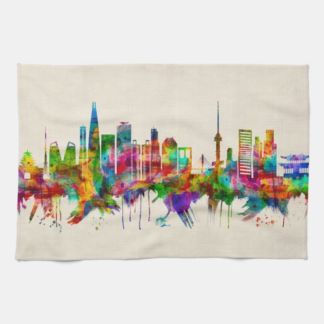 Seoul South Korea Skyline Tea Towel (Horizontal)