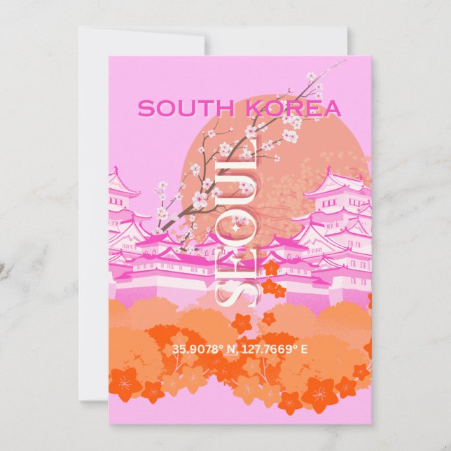 Seoul South Korea Travel Art, Pink Holiday Card (Front)