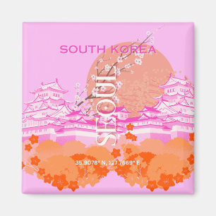 Seoul South Korea Travel Art, Pink Magnet