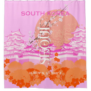 Seoul South Korea Travel Art, Pink Shower Curtain