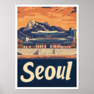 Seoul South Korea Vintage Travel Illustration Poster