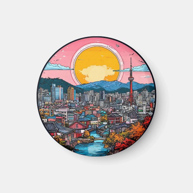 Seoul Vibrant Urban Skyline Magnet (Front)