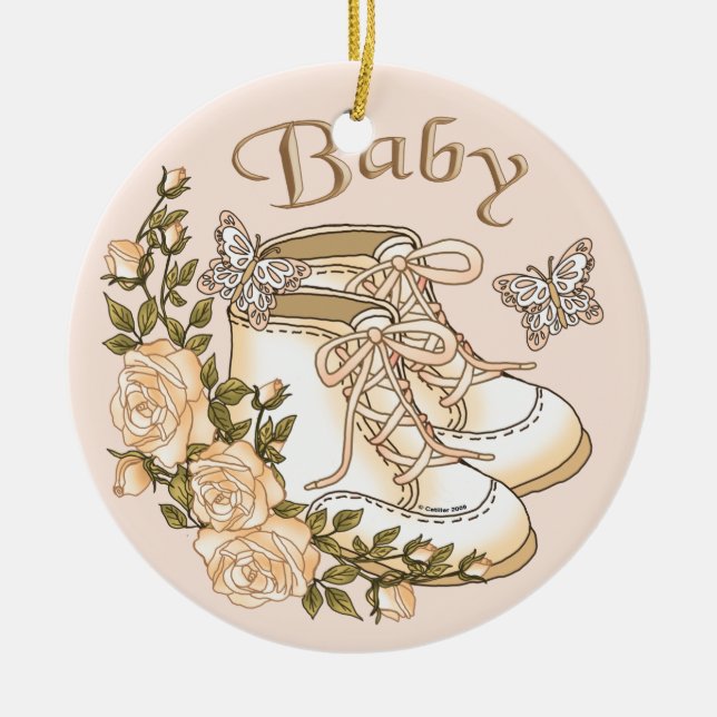 Sepia Baby First Shoes   Ceramic Tree Decoration (Front)