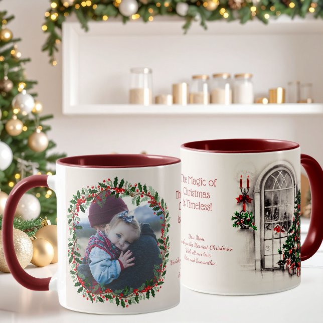 Sepia Back Christmas Window and Holly Photo Mug (Beautiful Christmas photo mug with a holly wreath bordering your photo and a vintage Christmas scene)