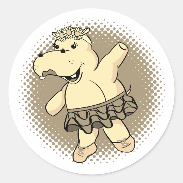 Sepia Ballerina Hippo With Tutu Classic Round Sticker (Front)