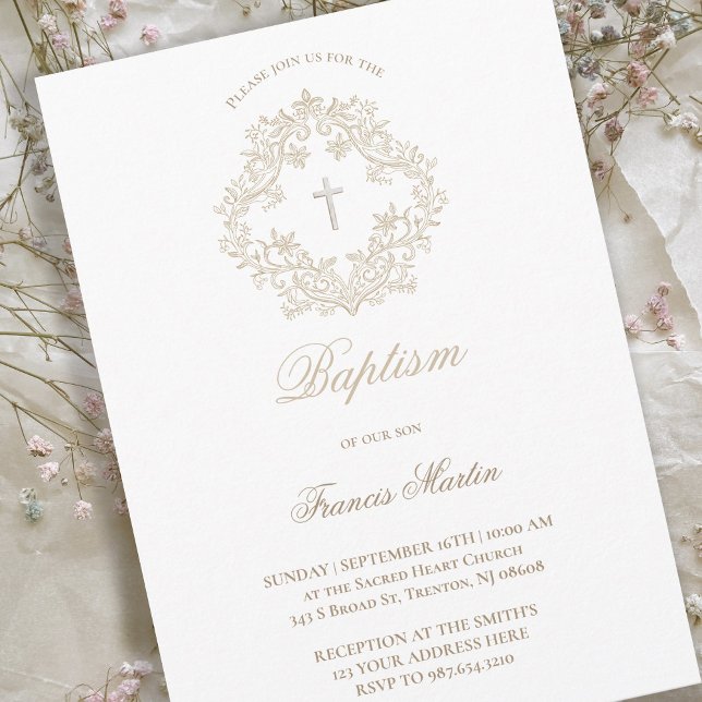 sepia beige elegant crest | Baptism Invitation (Creator Uploaded)
