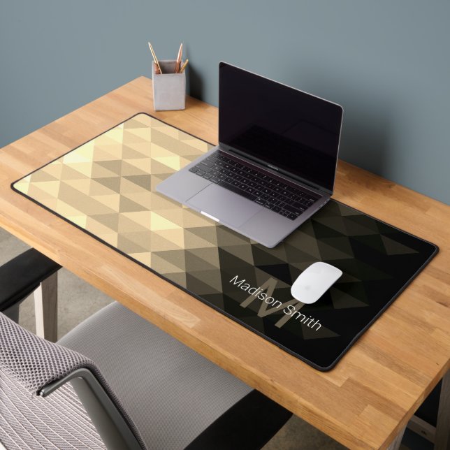 Sepia black triangle geometry pattern Monogram Desk Mat (Office 2)