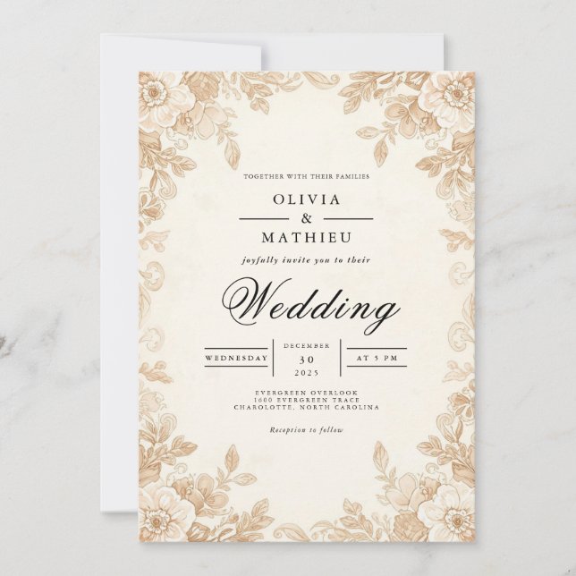 Sepia Blossom Romantic Wedding Invitation (Front)