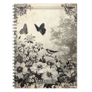 Sepia Botanical Birds Butterflies Vintage Notebook