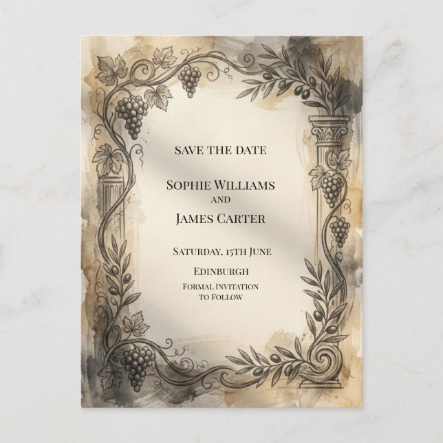 Sepia Botanical Frame Save The Date Postcard (Front)