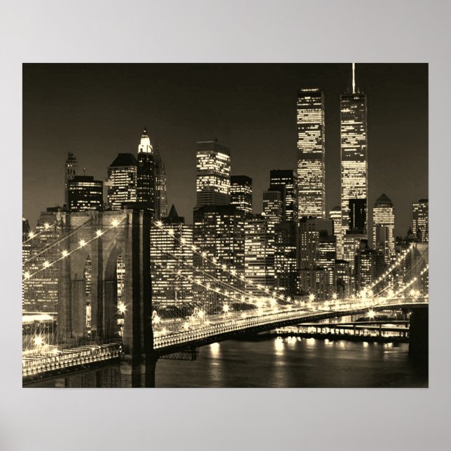 Sepia Brooklyn Bridge New York Night Poster (Front)