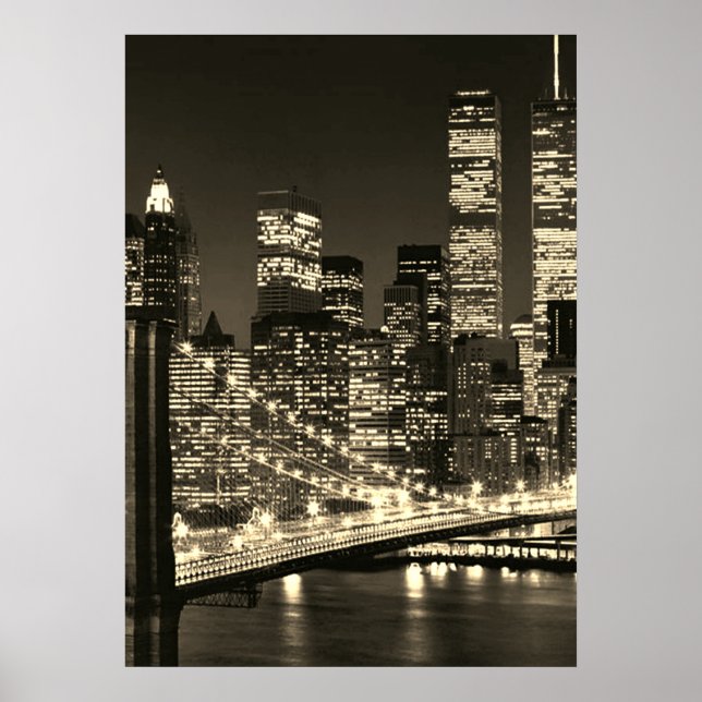 Sepia Brooklyn Bridge New York Night Poster (Front)