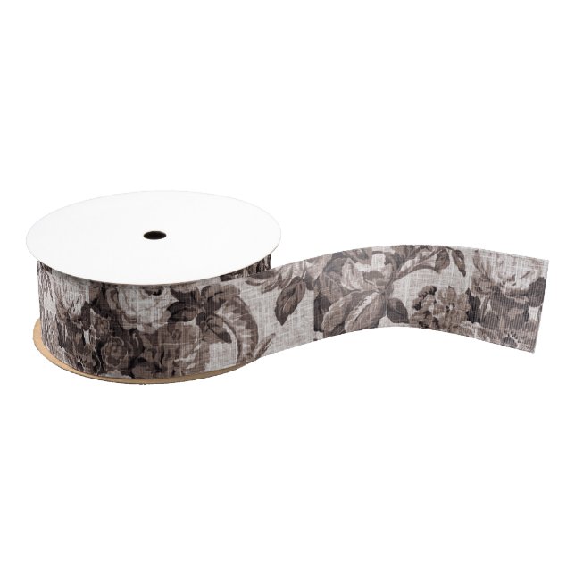 Sepia Brown Tone Floral Toile Fabric No.4 Grosgrain Ribbon (Spool)