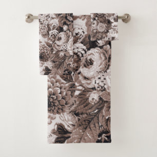 Sepia Brown Vintage Peony Dahlias Floral Toile Bath Towel Set