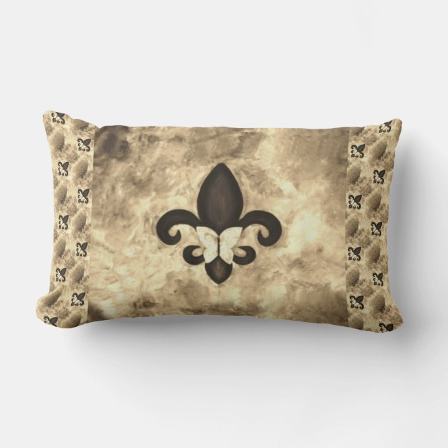 Sepia Butterfleur | Tan Butterfly on Fleur de Lis Lumbar Cushion (Front)
