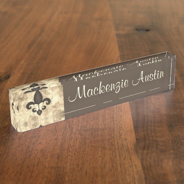 Sepia Butterfleur | Tan Butterfly on Fleur de Lis Nameplate (Side)
