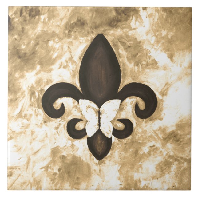 Sepia Butterfleur | Tan Butterfly on Fleur de Lis Tile (Front)