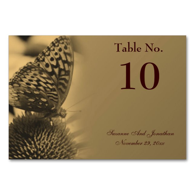 Sepia Butterfly Nature Personalised Wedding  Table Number (Front)