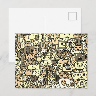 Sepia Cartoon Character Hand Drawn Toss Pattern Postcard