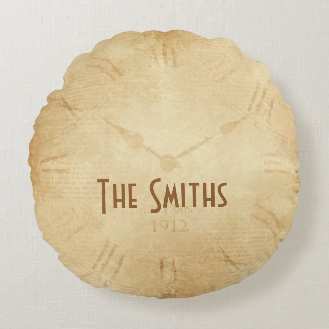 Sepia Clock Face Steampunk Round Cushion (Front)