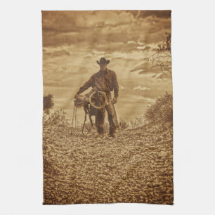 Sepia Cowboy Kitchen Towel Western Cowboy