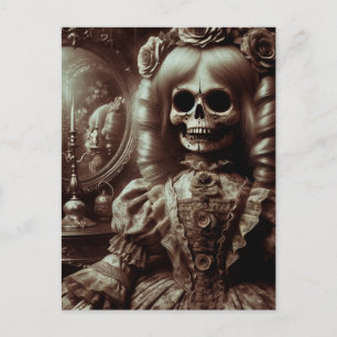 Sepia Doll Skeleton Horror Postcard