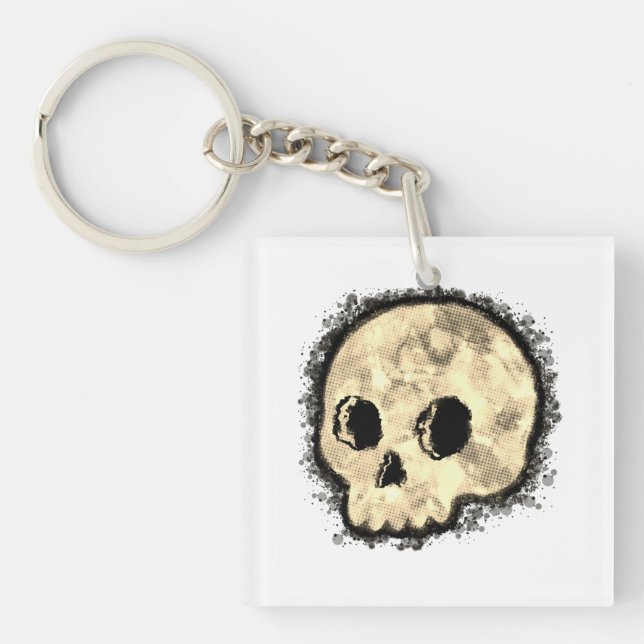 Sepia Dotted Halftone Skull Watercolor Key Ring (Front)