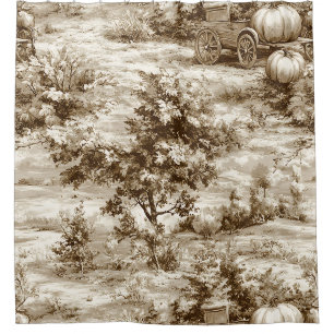 Sepia Farmhouse Pumpkin Toile Harvest Pattern Shower Curtain
