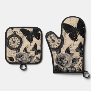 Sepia Floral Butterfly Wanderlust Compass Oven Mitt & Pot Holder Set