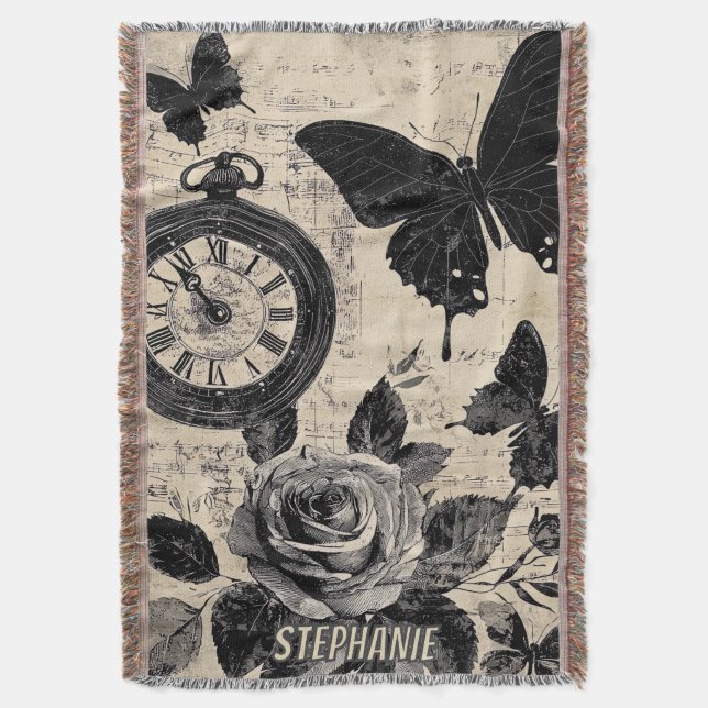 Sepia Floral Butterfly Wanderlust Compass Throw Blanket (Front Vertical)